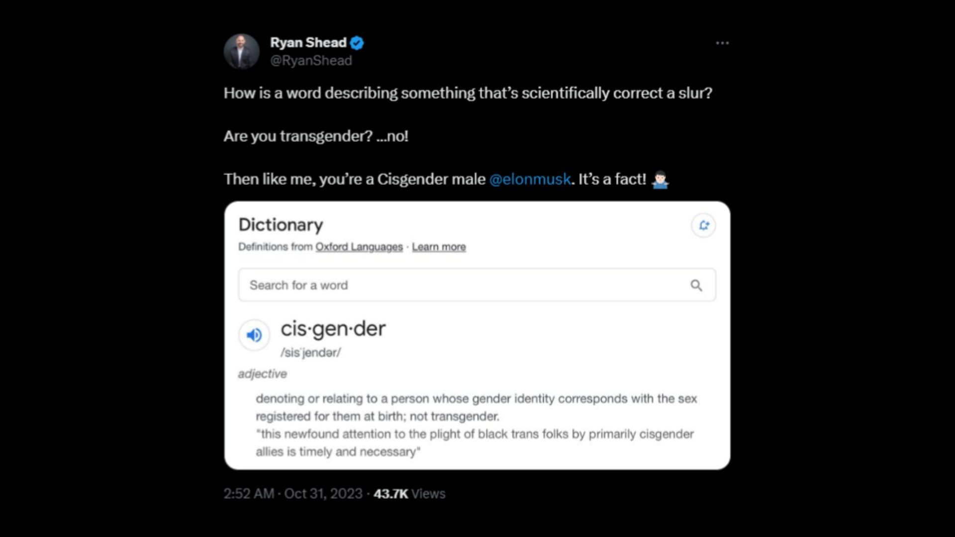 Screenshot of an X user remarking on Musk&#039;s controversial statement on the term &quot;cisgender.&quot; (Photo via @elonmusk/X)