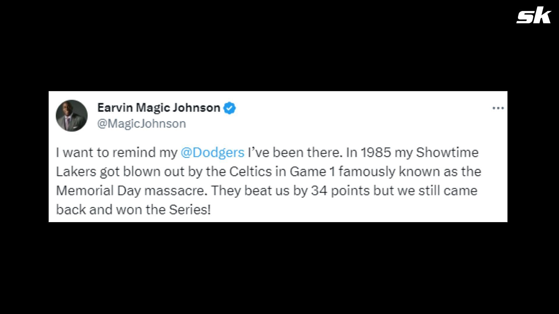 Magic Johnson sends a morale-boosting message across the Dodgers' clubhouse.