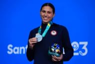 Kelly Pash of Team United States poses on the podium of Women's 100m Butterfly at the 2023 Pan Am Games in Santiago, Chile.