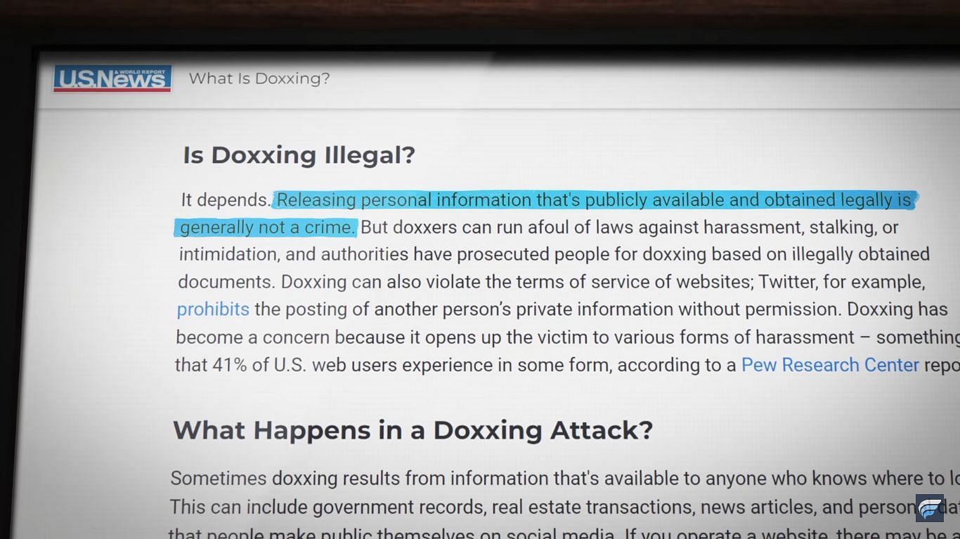 Doxxing is not a crime according to U.S. jurisdiction (Image via YouTube)