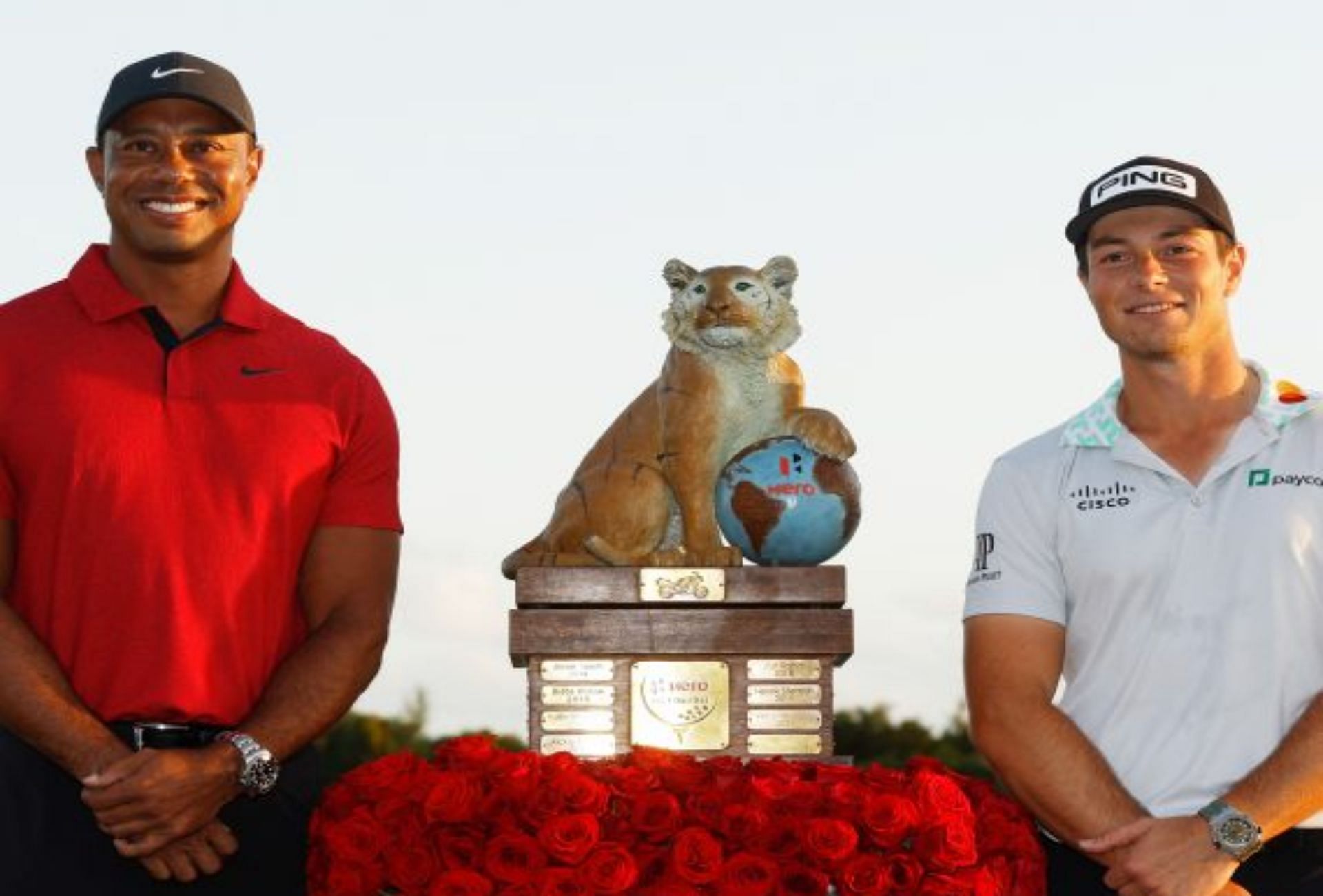 Hero World Challenge all-time top winner Tiger Woods with defending champion Viktor Hovland (Image via heroworldchallenge.com).