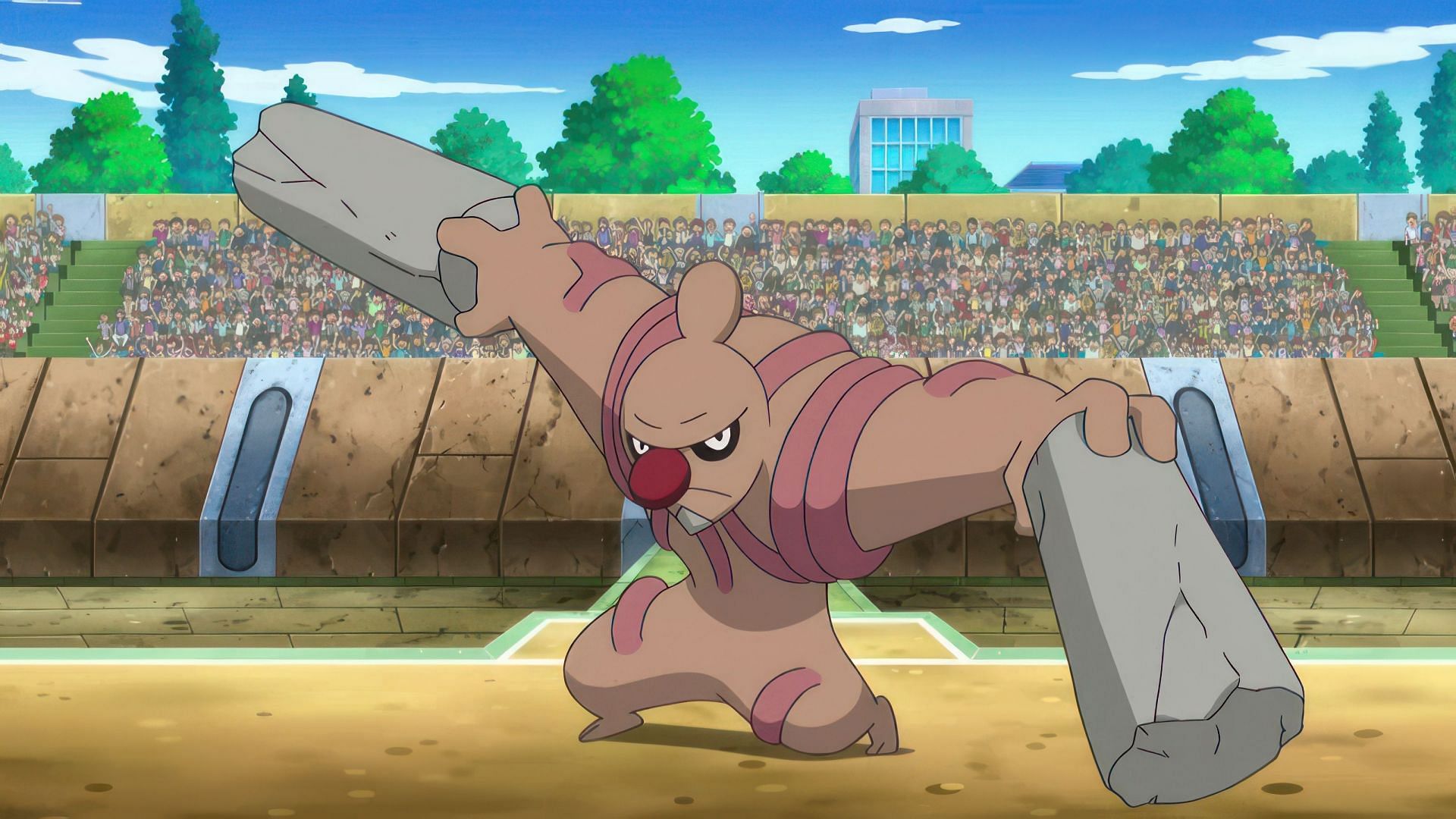 Conkeldurr in a battle as shown in the anime (Image via The Pokemon Company) A group of Conkeldurr in the Pokemon anime (Image via The Pokemon Company)