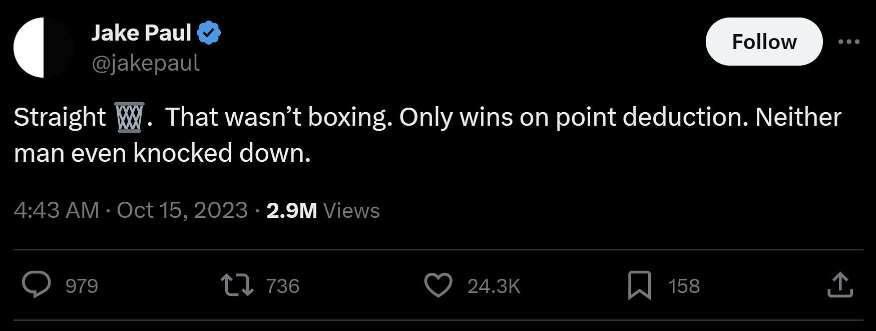 Jake Paul&#039;s response to the results of the KSI vs. Tommy Fury match (Image via @jakepaul/X)