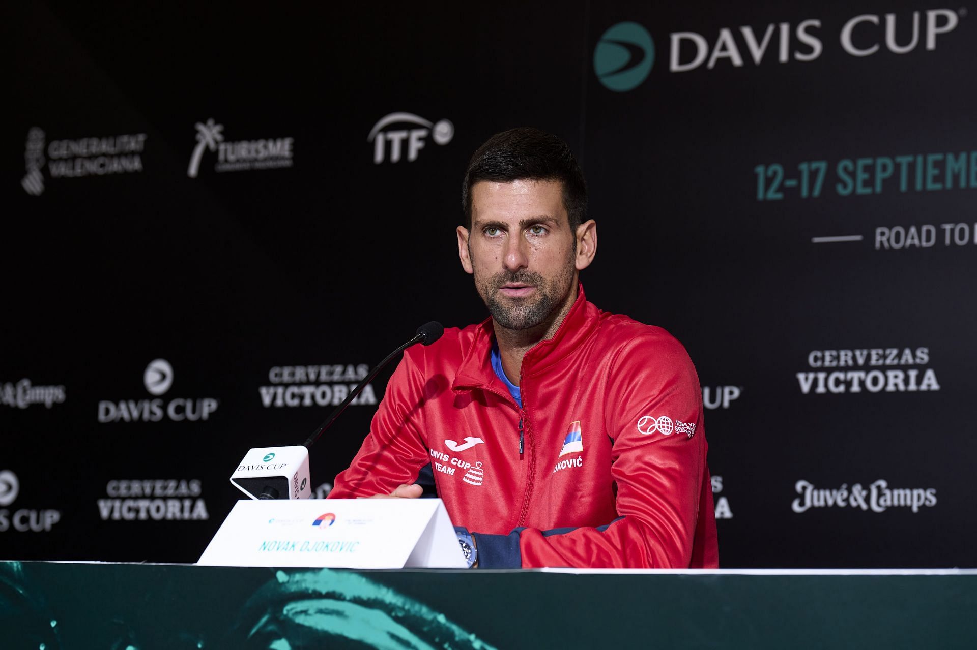 Novak Djokovic talks to the press at the 2023 Davis Cup