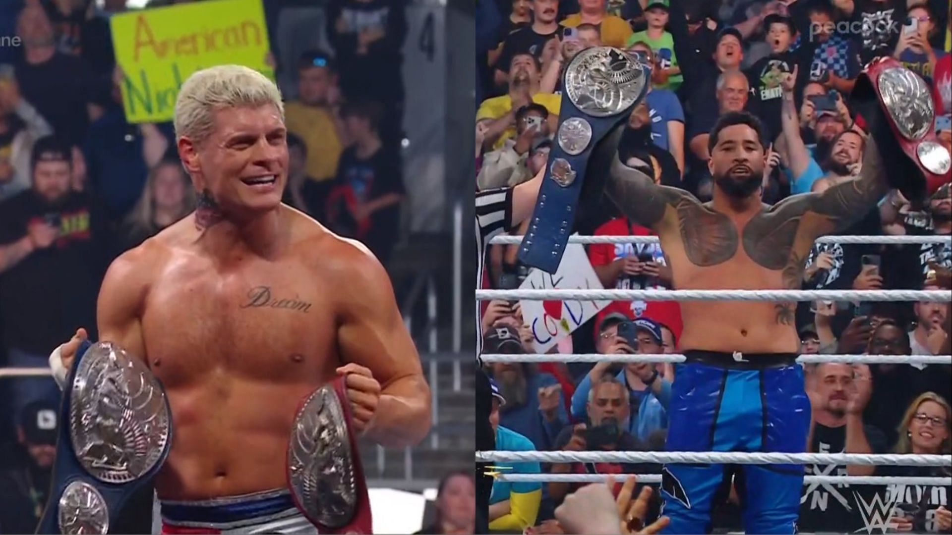Cody Rhodes and Jey Uso celebrate after winning tag team titles at WWE Fastlane.