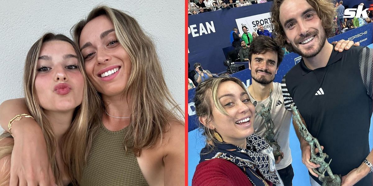 Paula Badosa with sister Jana (L) and with Petros and Stefanos Tsitsipas (R)