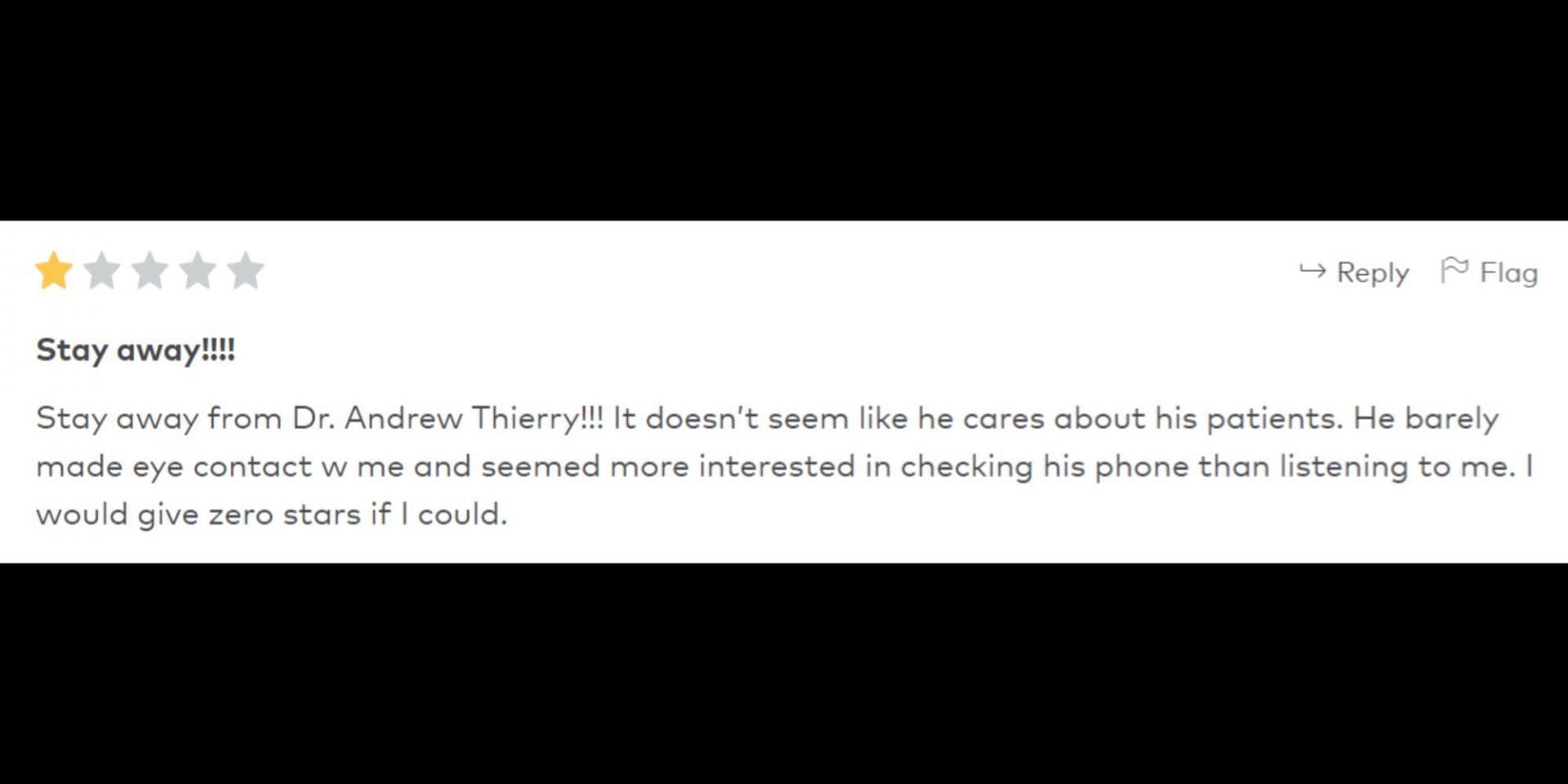 Dr. Thierry was called out on Healthgrades reviews. (Image via Healthgrades)