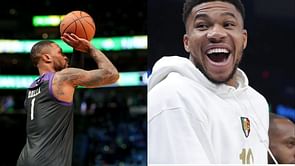 Watch: Giannis Antetokounmpo dazed after Damian Lillard knocks down logo shot in practice ahead of Thunder game