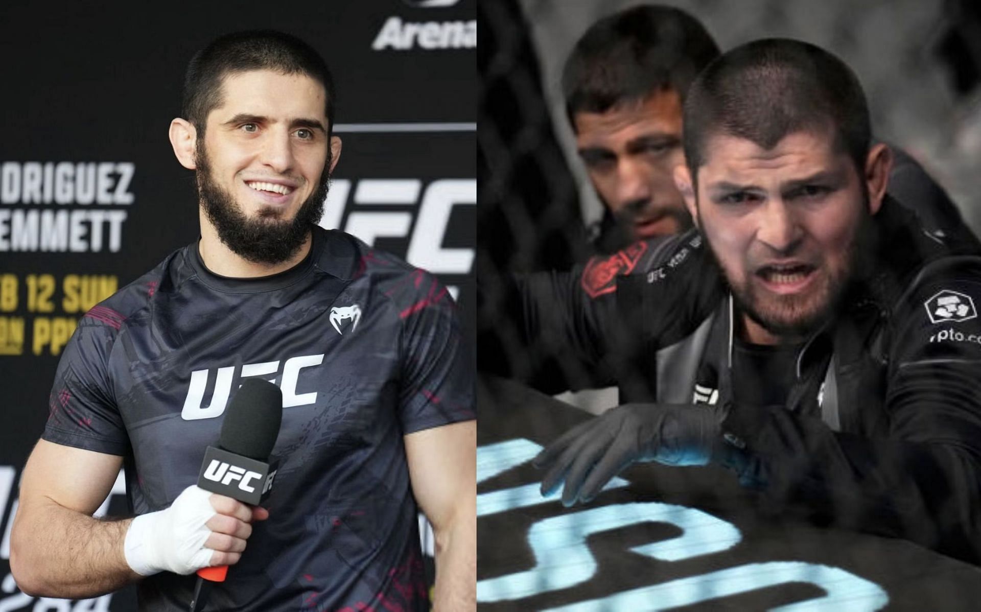 Islam Makhachev (left) and Khabib Nurmagomedov (right)