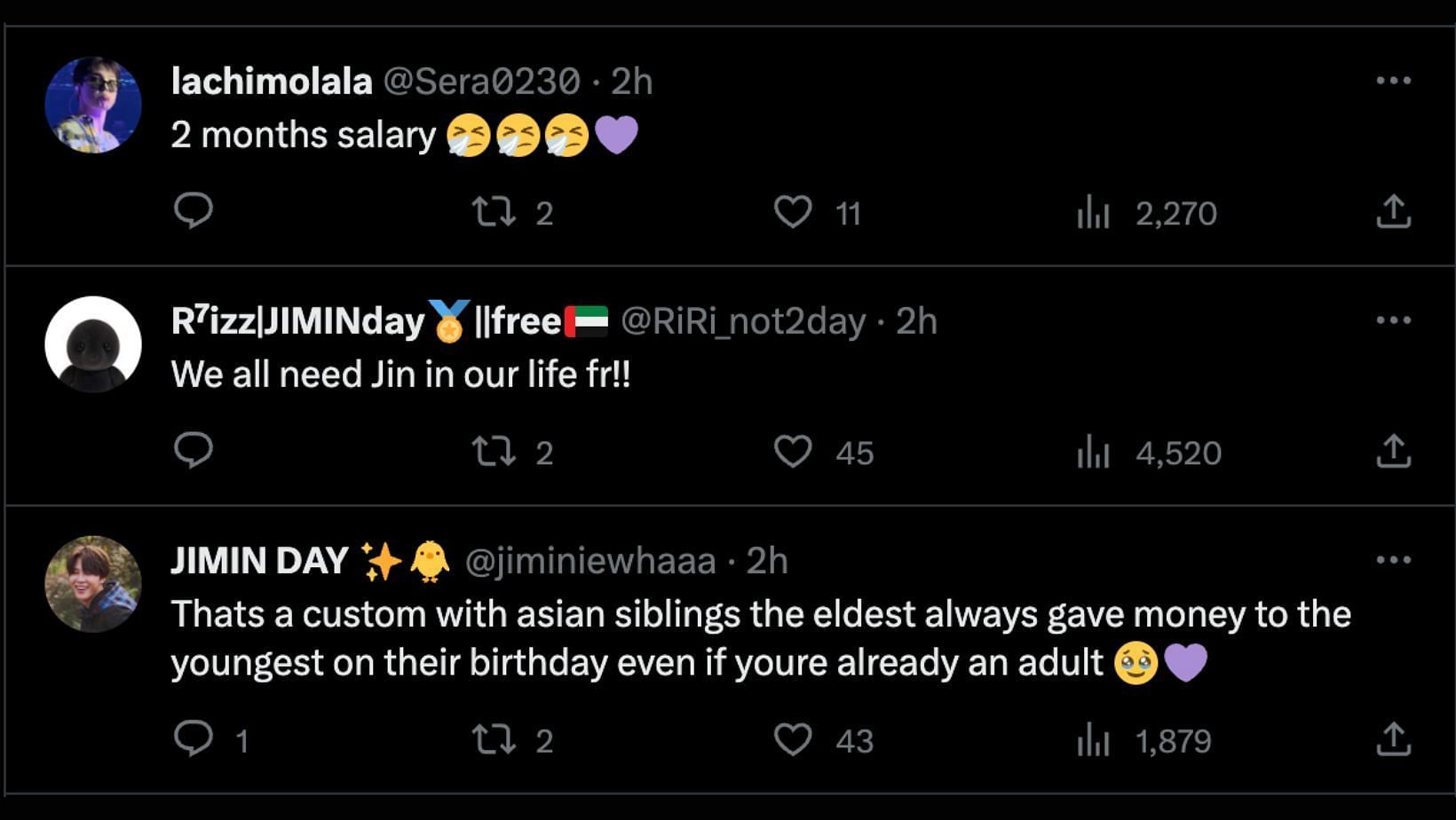 Fans react as Jin gave the BTS idol his two months&#039; salary as his birthday gift. (Image via X/ @Sera0230, @RiRi_not2day, @jiminiewhaaa)