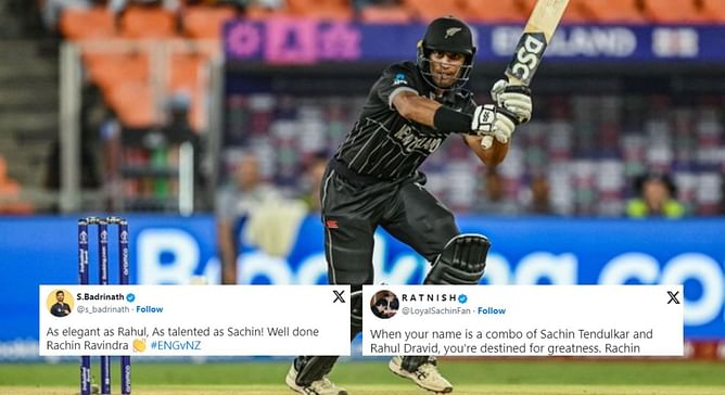 "Elegant as Rahul, talented as Sachin" - Fans erupt as Rachin Ravindra smashes maiden ODI century in ENG vs NZ at 2023 World Cup
