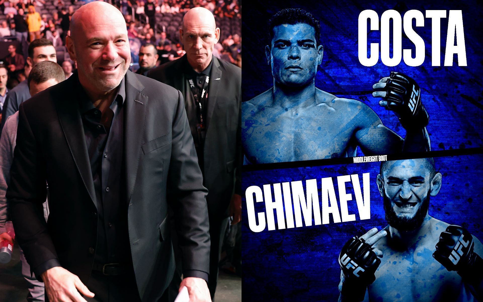 Dana White and Paulo Costa vs. Khamzat Chimaev poster [Image credits: Getty Images and @MMAfalcon on X] 