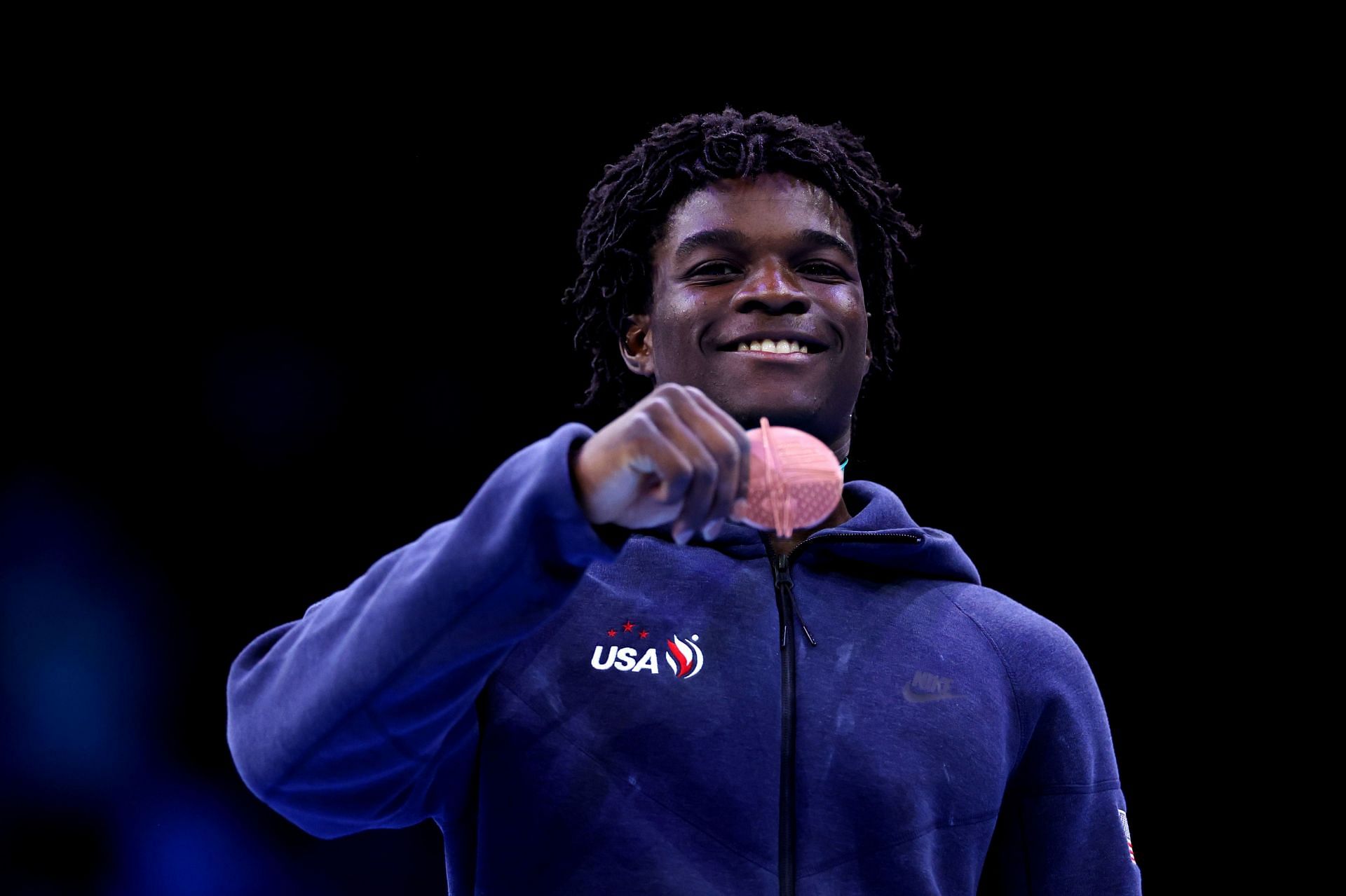 Frederick Richard celebrates during the medal ceremony for the Men&#039;s All-Around Final at the 2023 World Artistic Gymnastics Championships at Sportpaleis in Antwerp, Belgium