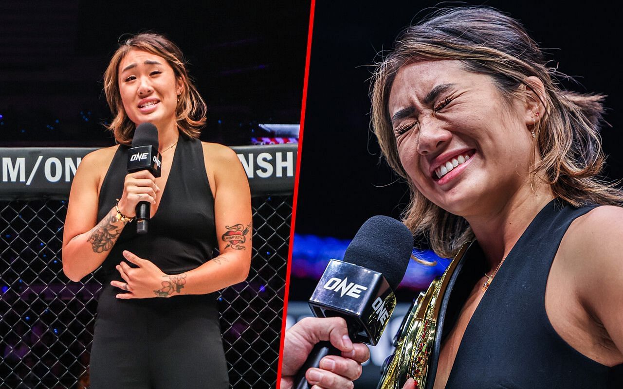 Angela Lee (left) and Lee during her retirement speech (right) | Image credit: ONE Championship