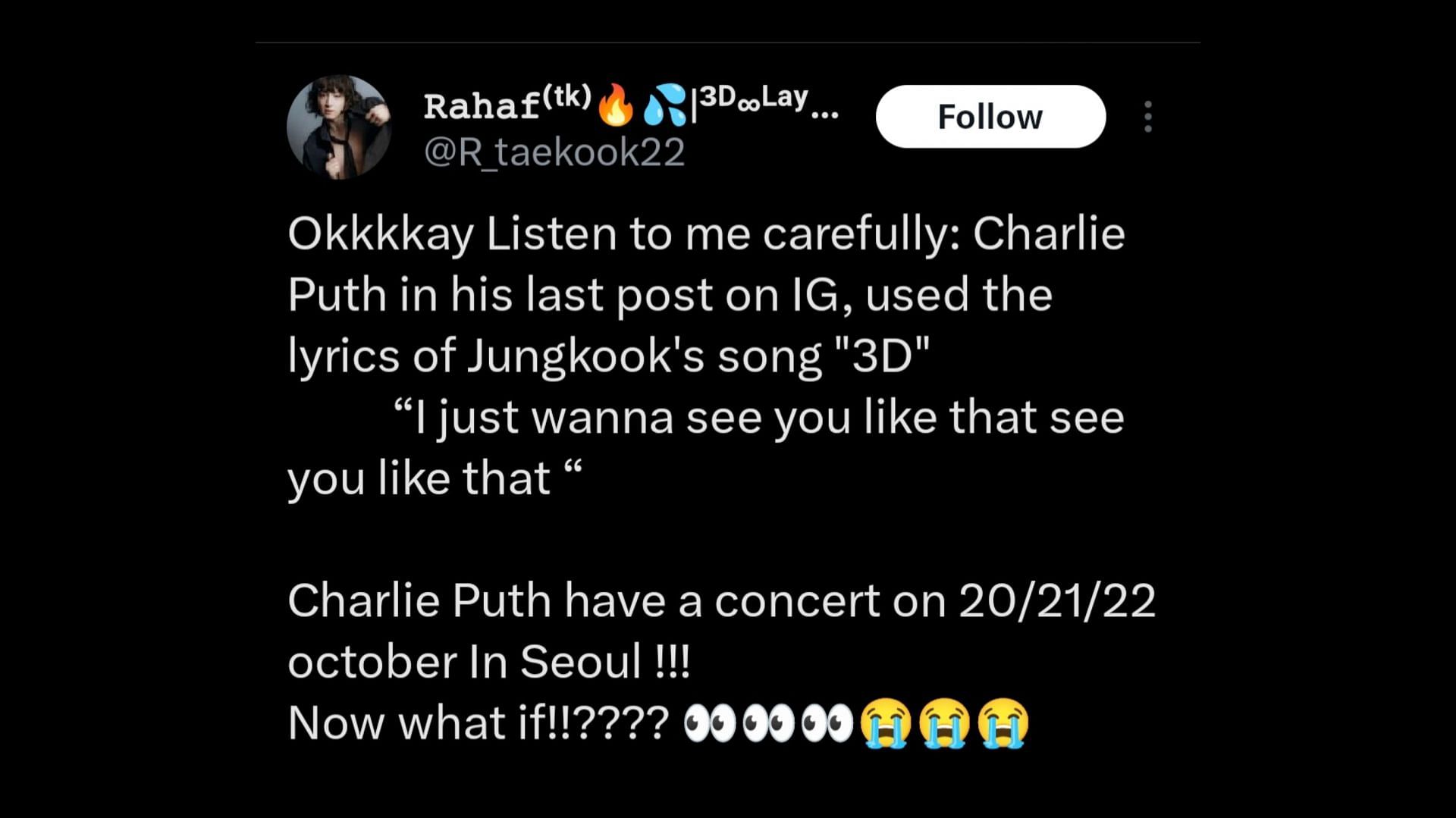Fans speculate Seven singer might join Charlie Puth&rsquo;s Seoul concert over latter&rsquo;s Instagram caption (Image via X)