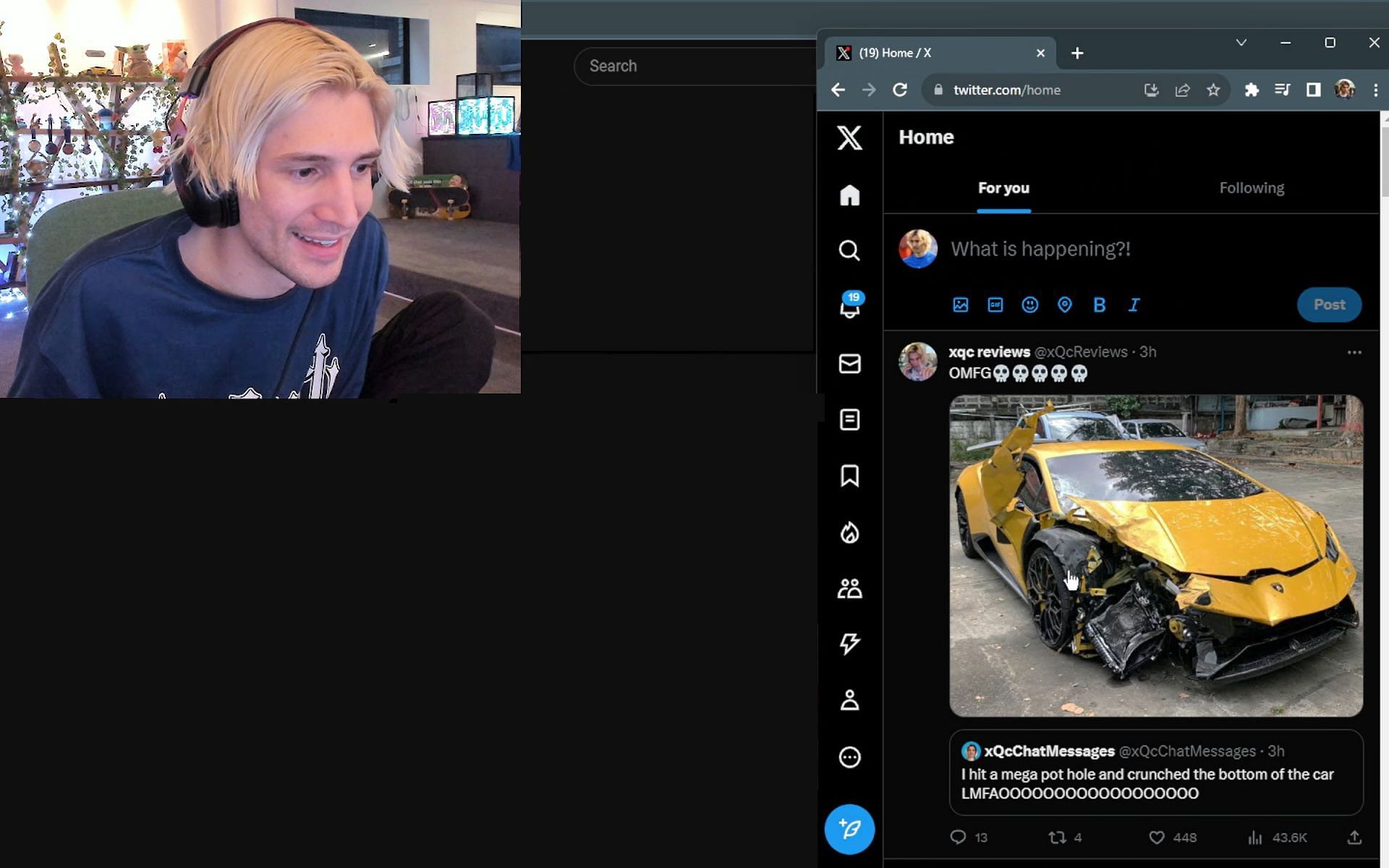 xQc discusses how he damaged his Lamborghini, debunks viral rumors on X (Image via xQc/Twitch)