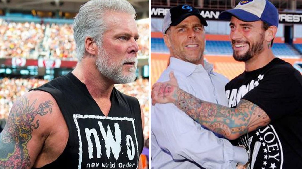 Kevin Nash (left); Shawn Michaels and CM Punk (right)