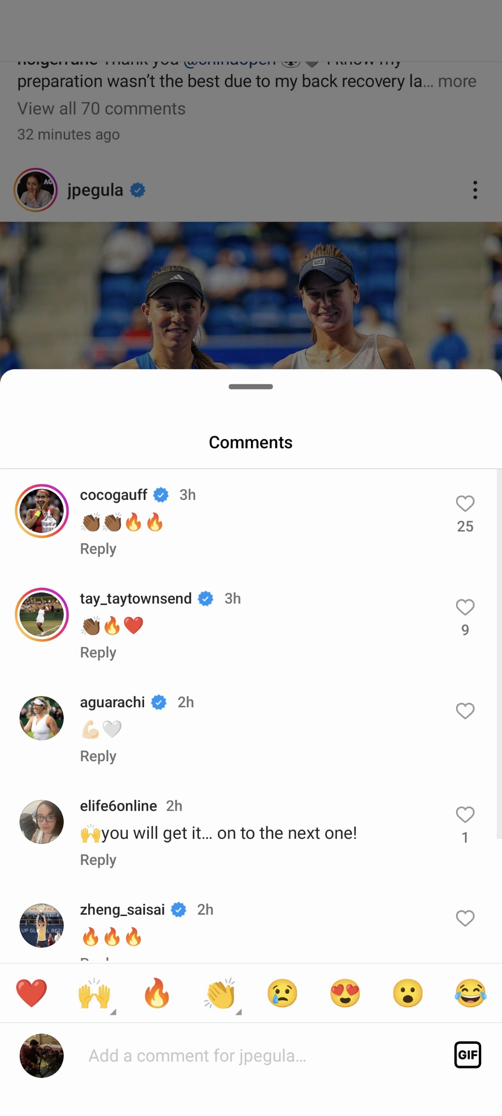 Screen grab of players&#039; reactions to Jessica Pegula&#039;s post