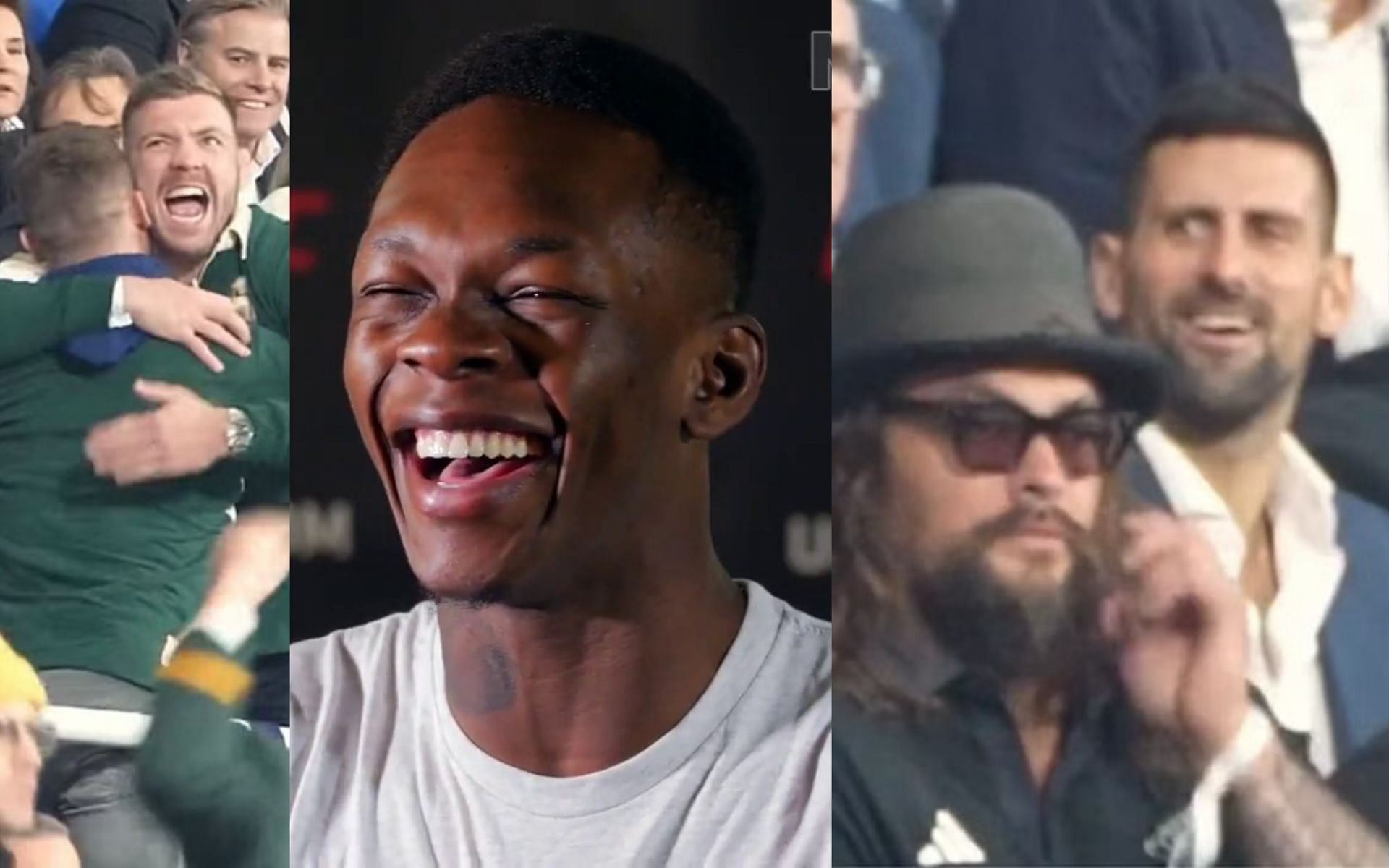 Dricus Du Plessis (left), Israel Adesanya (centre), and Jason Momoa and Novak Djokovic (right). [via Twitter @CSTodayNews and YouTube MMA Junkie]