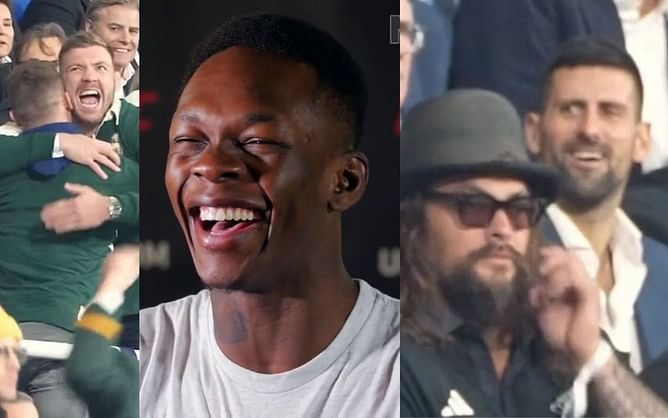 "Thiiisss ni**a" - Israel Adesanya posts video of Dricus Du Plessis cheering aggressively with Novak Djokovic, Jason Momoa, and Taika Watiti watching