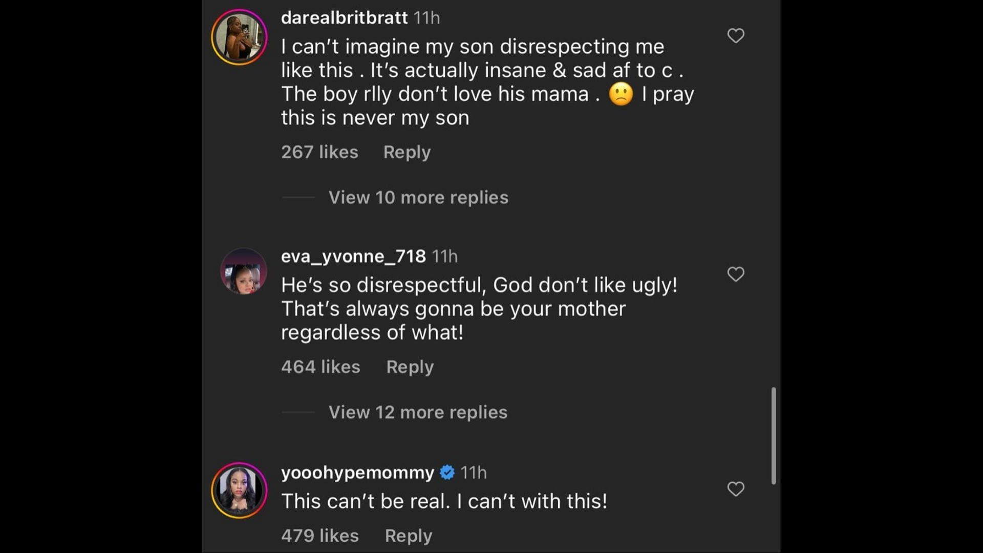 Screenshot of Internet users remarking on Blue&#039;s posts about his mother Karlissa. (Photo via @theneighborhoodtalk/Instagram)