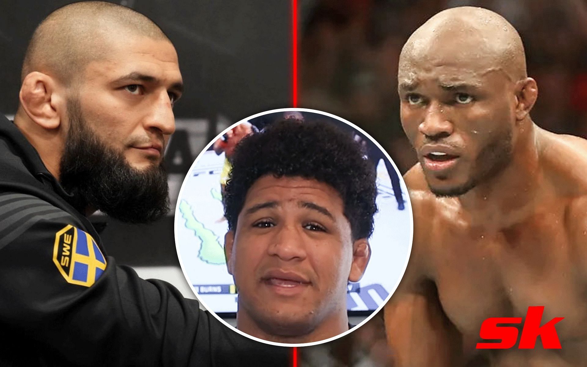 From left to right: Khamzat Chimaev [image courtesy of khamzat_chimaev/Instagram], Gilbert Burns [image courtesy of @Gilbert_burns/YouTube], Kamaru Usman [image courtesy of @usman84kg/Instagram]