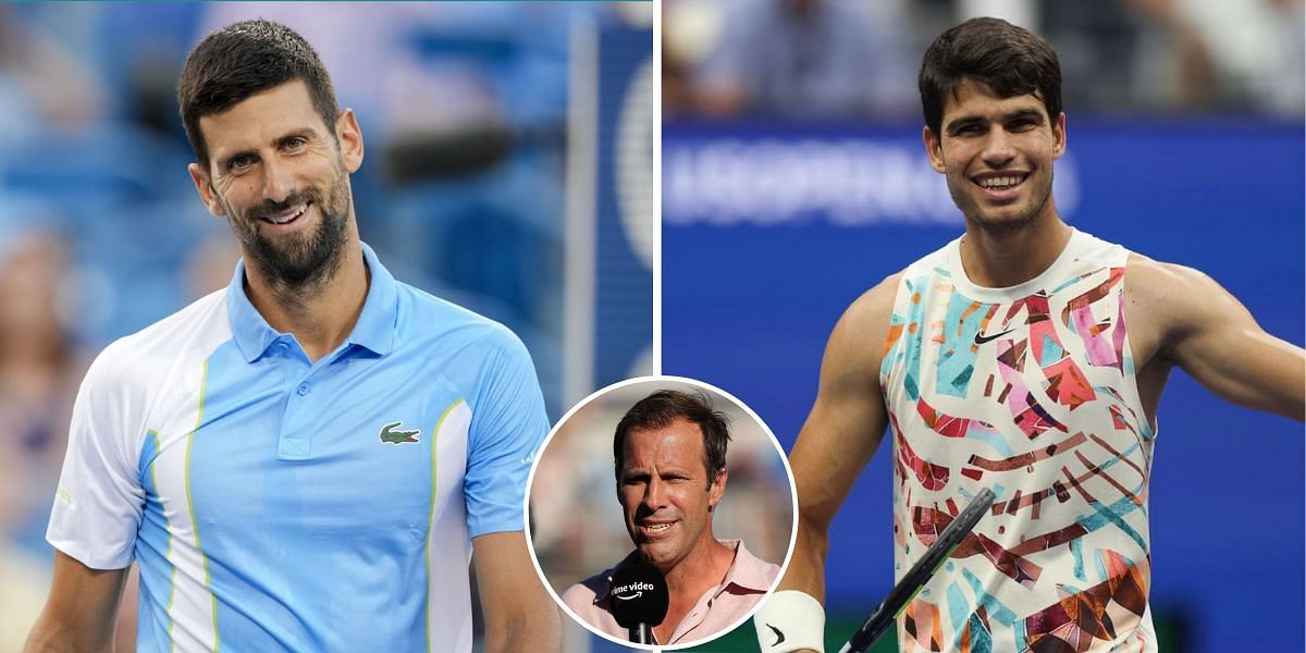 Novak Djokovic (L), Greg Rusedski (inset) and Carlos Alcaraz (R)