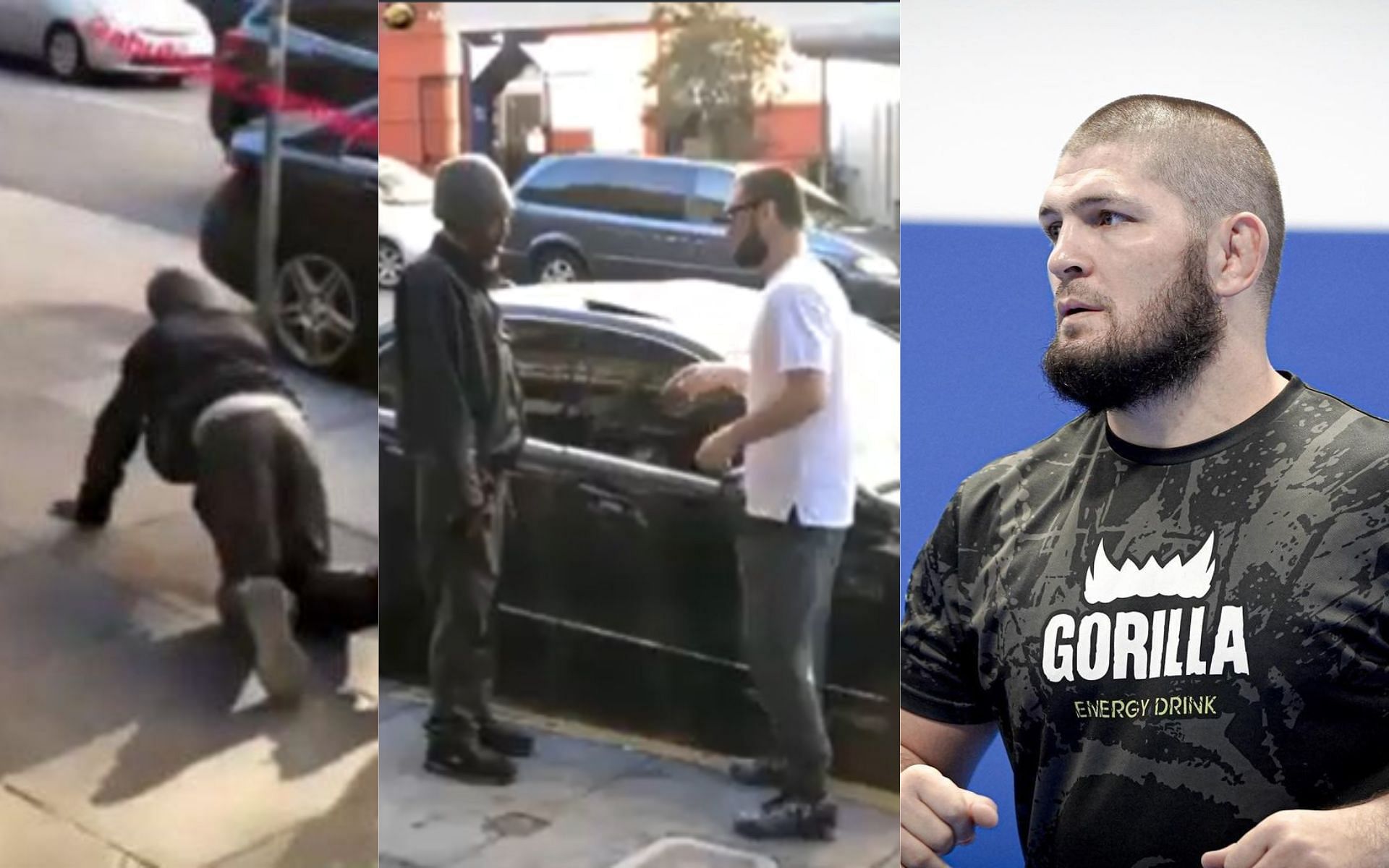 The homeless man (left), the homeless man with Abubakar Nurmagomedov (center), and Khabib Nurmagomedov(right) (Image credits @TheMMABible on X and @khabib_nurmagomedov on Instagram)