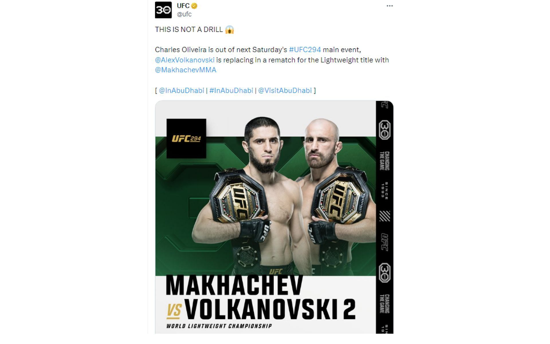 Tweet regarding UFC 294 main event