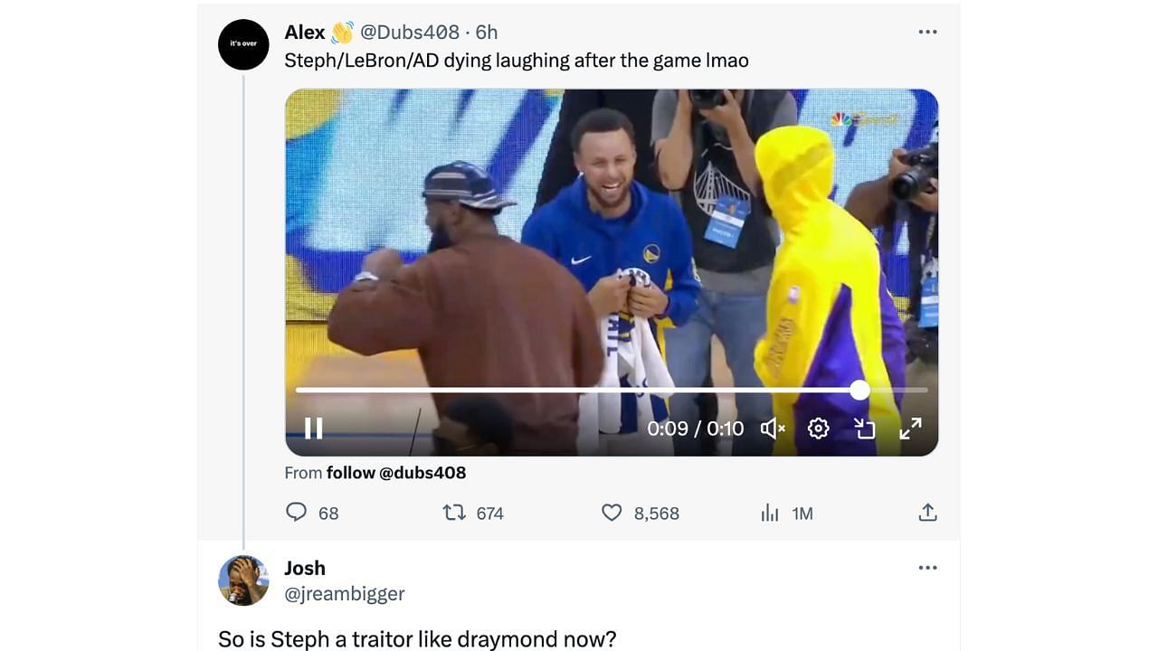 Stephen Curry&#039;s interaction with LeBron James and Anthony Davis (Twitter)