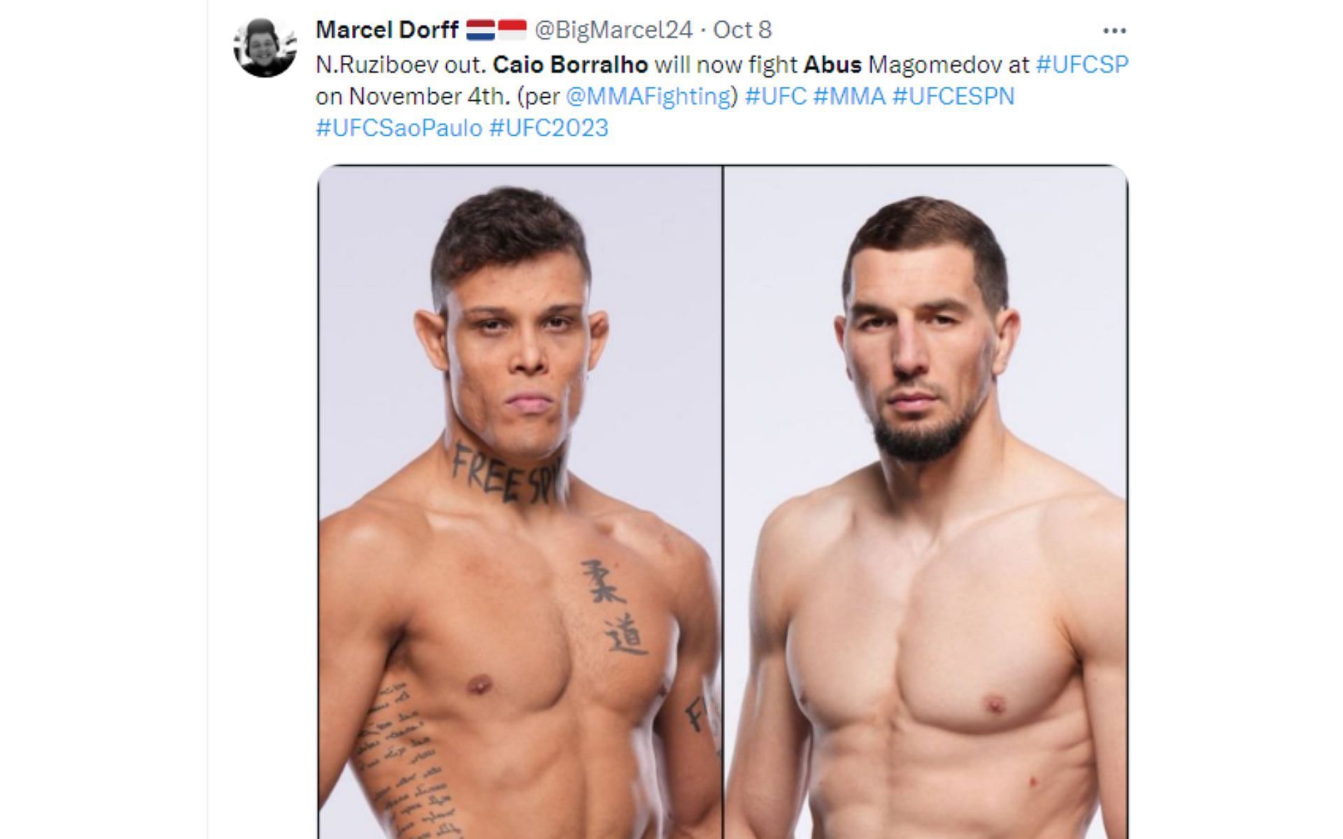 Tweet regarding Abus Magomedov stepping in to fight Caio Borralho