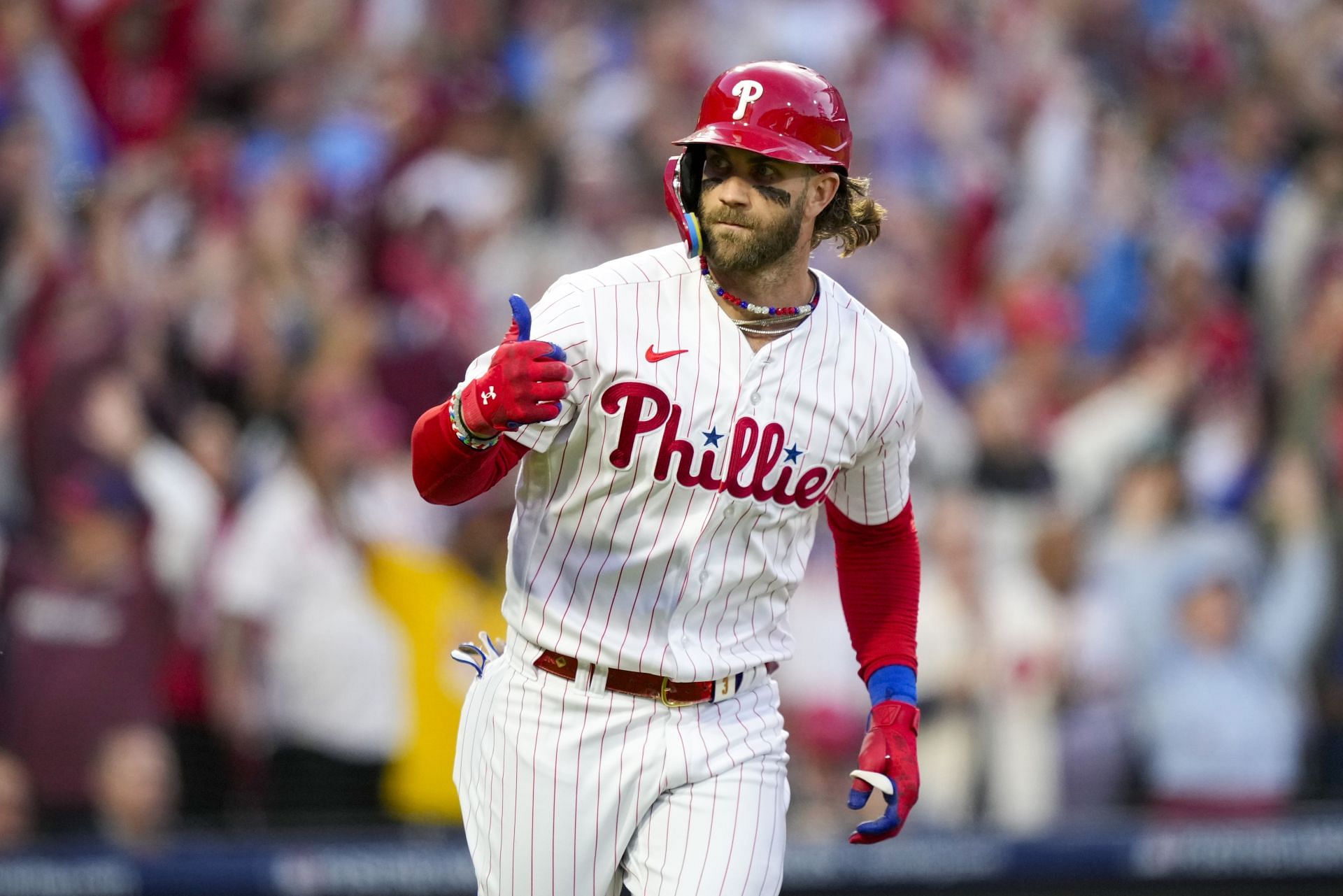 Bryce Harper stared down at Orlando Arcia after hitting a three-run homer against the Atlanta Braves.