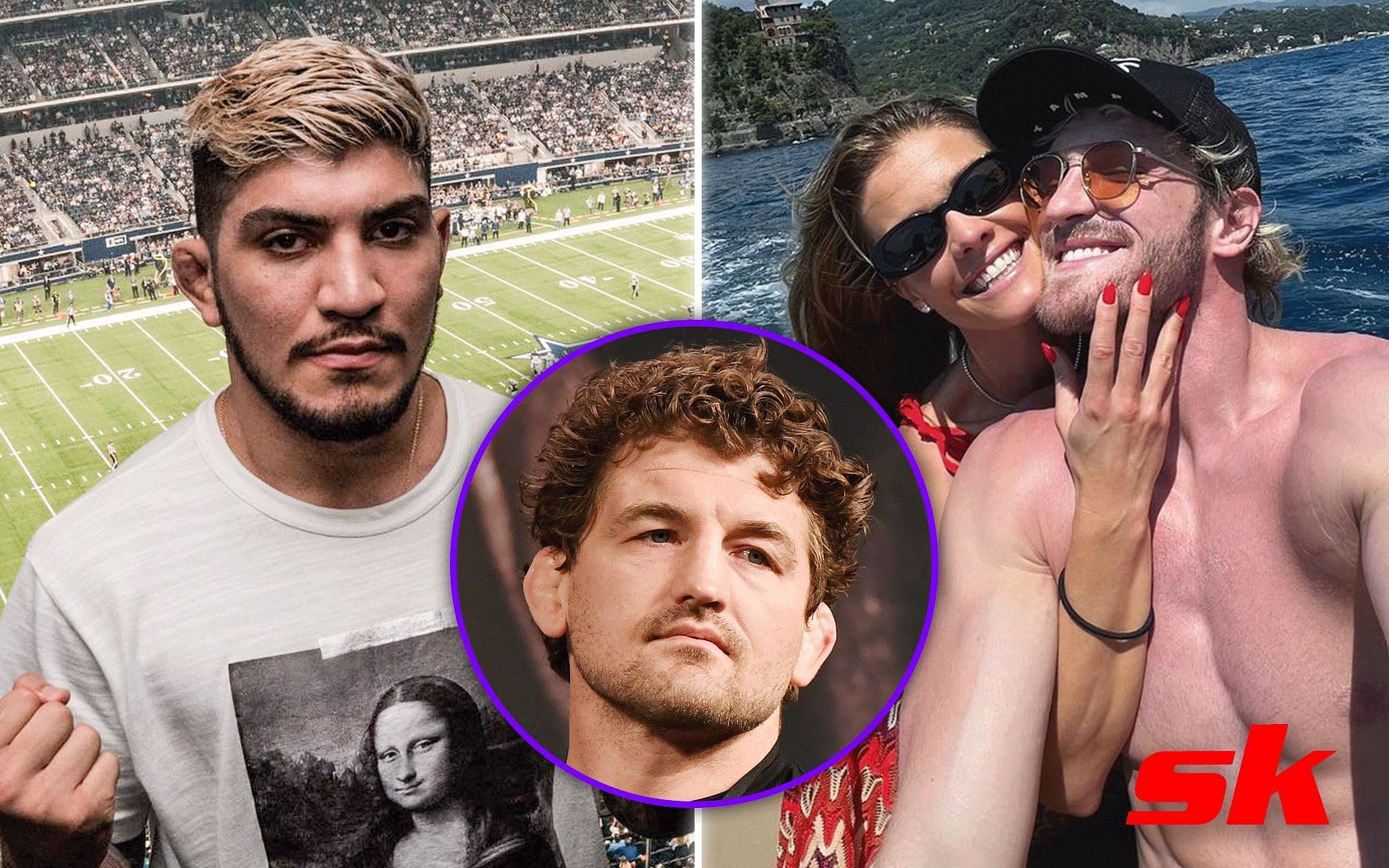 Dillon Danis (Left); Ben Askren (Middle); Nina Agdal and Logan Paul (Right) [*Image courtesy: @dillondanis Instagram; Getty Images; @loganpaul Instagram]