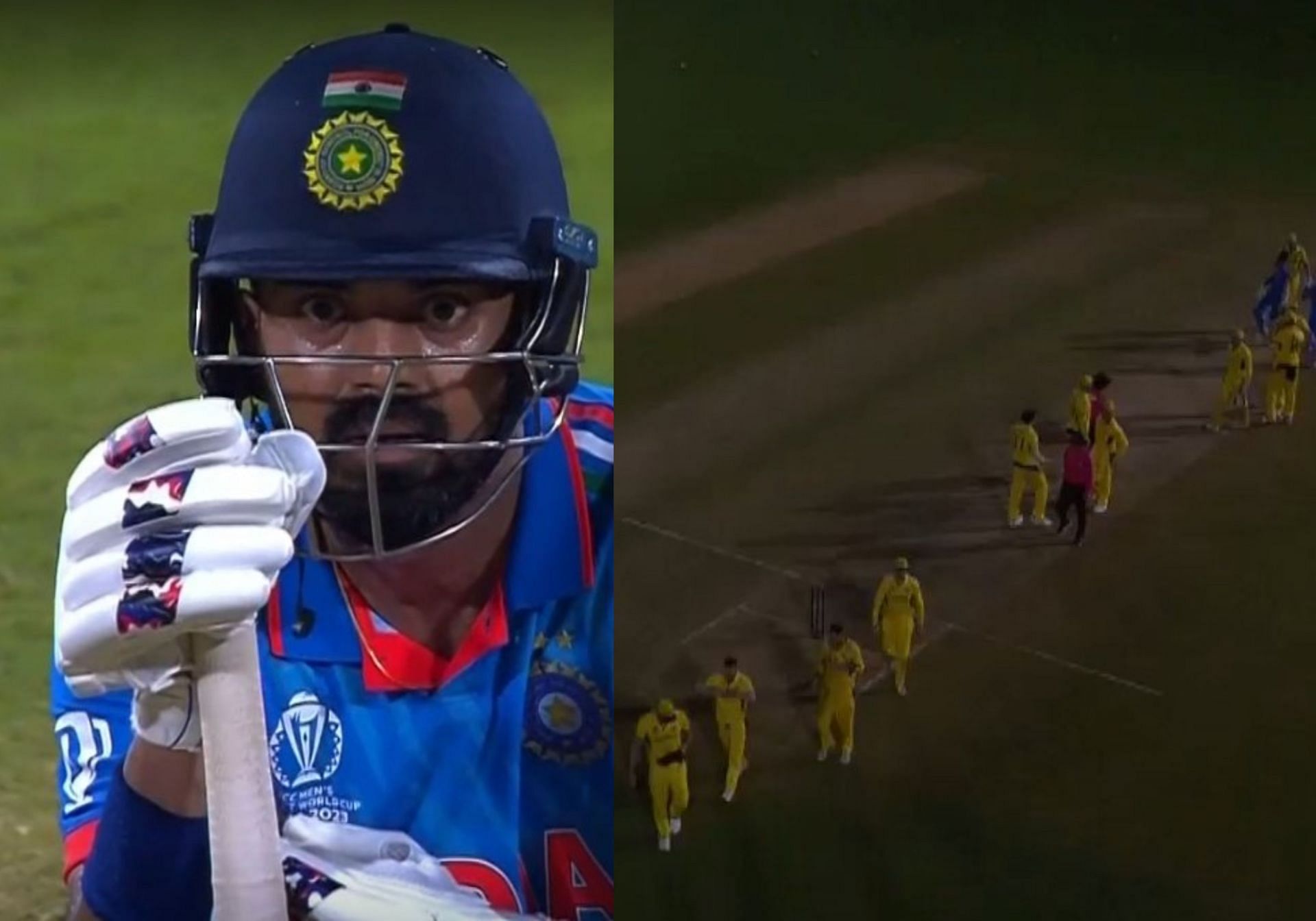 KL Rahul (l) and lights going out after the conclusion of the match (r). 