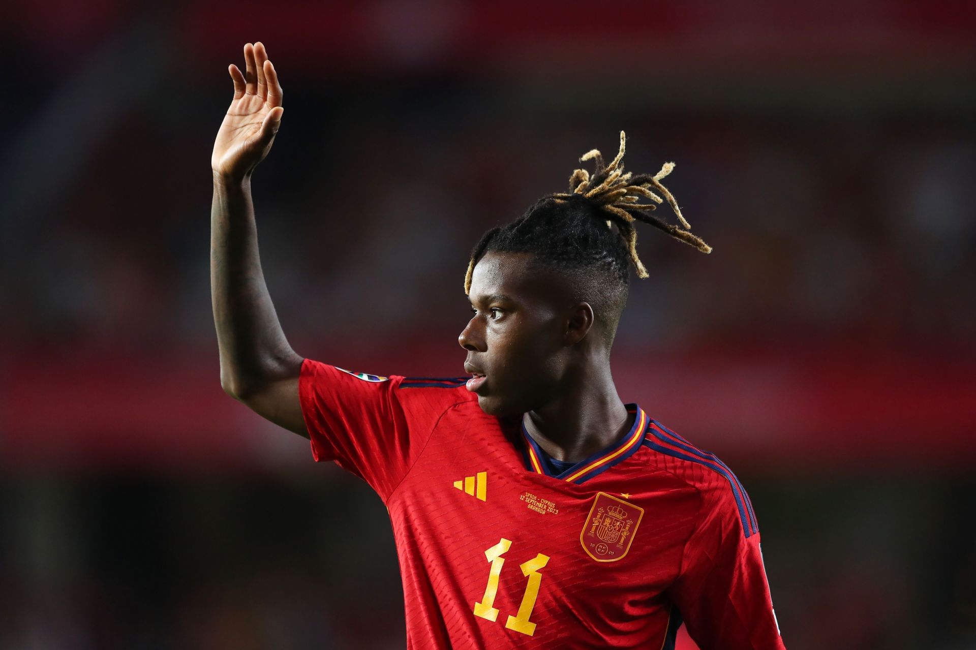  Athletic Bilbao's Nico Williams celebrates scoring a goal during the 2022-23 UEFA Nations League match against Switzerland amid transfer speculation linking him with a move to FC Barcelona.