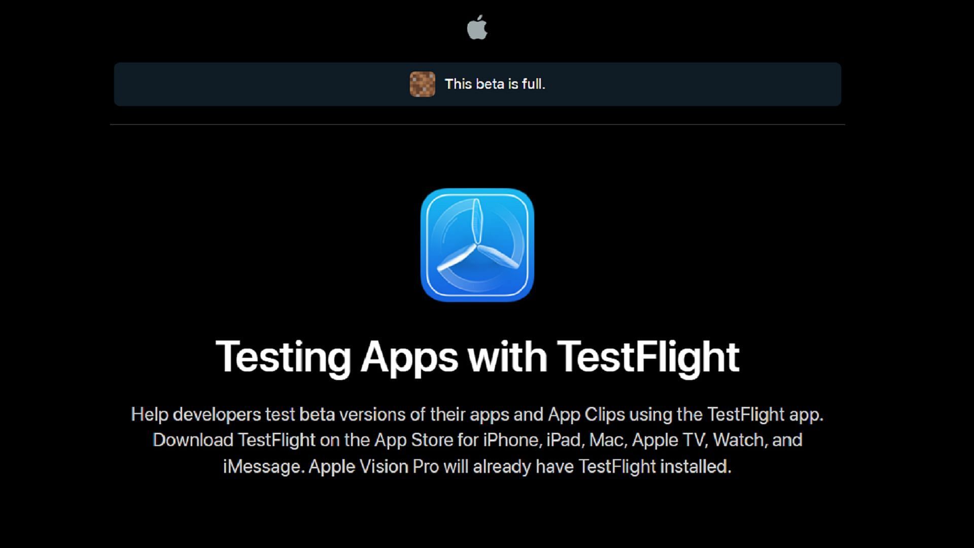 The Apple Testflight signup page for preview signups (Image via Apple)