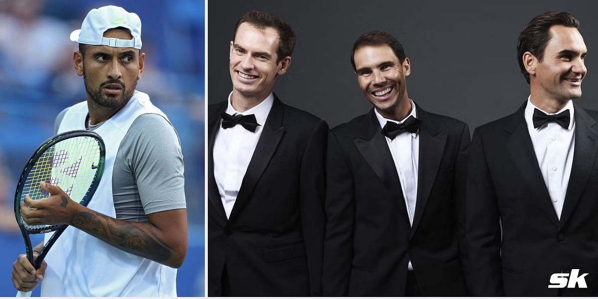 Nick Kyrgios (L) and Andy Murray, Rafael Nadal, Roger Federer (R)