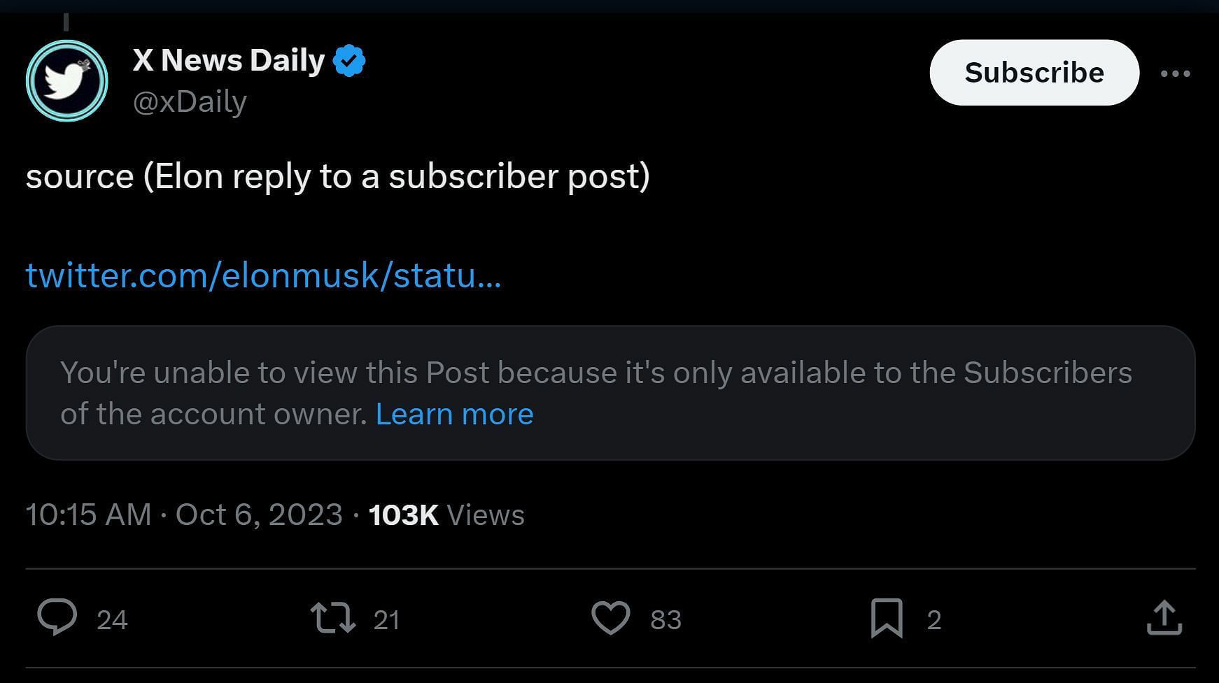 Elon Musk&#039;s original tweet could not be viewed unless subscribed (Image via X)