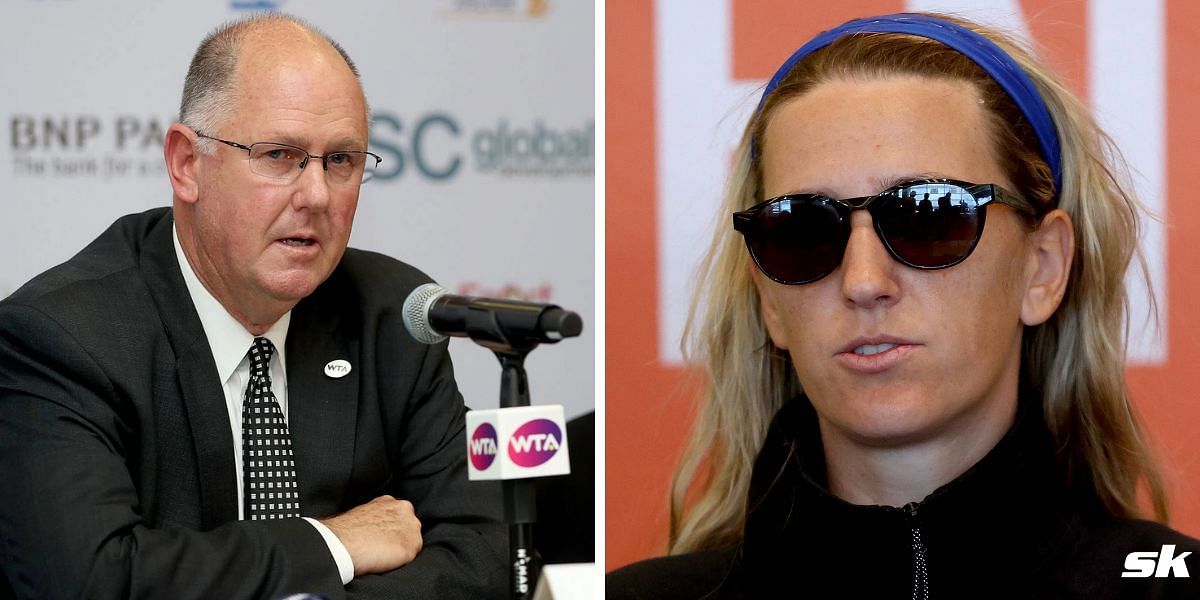 Steve Simon (L) and Victoria Azarenka