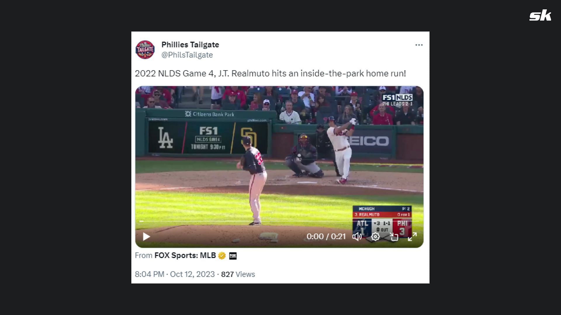 Realmuto hits an inside-the-park home run during the 2022 NLDS against the Braves.