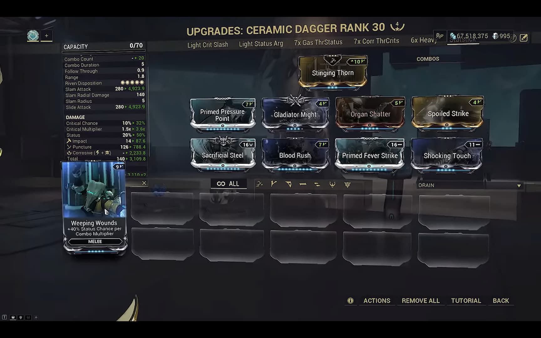 To use Ceramic Dagger as a stat stick for the Warframe Atlas, you simply need to stack Blood Rush with two Gladiator mods (Image via Digital Extremes)