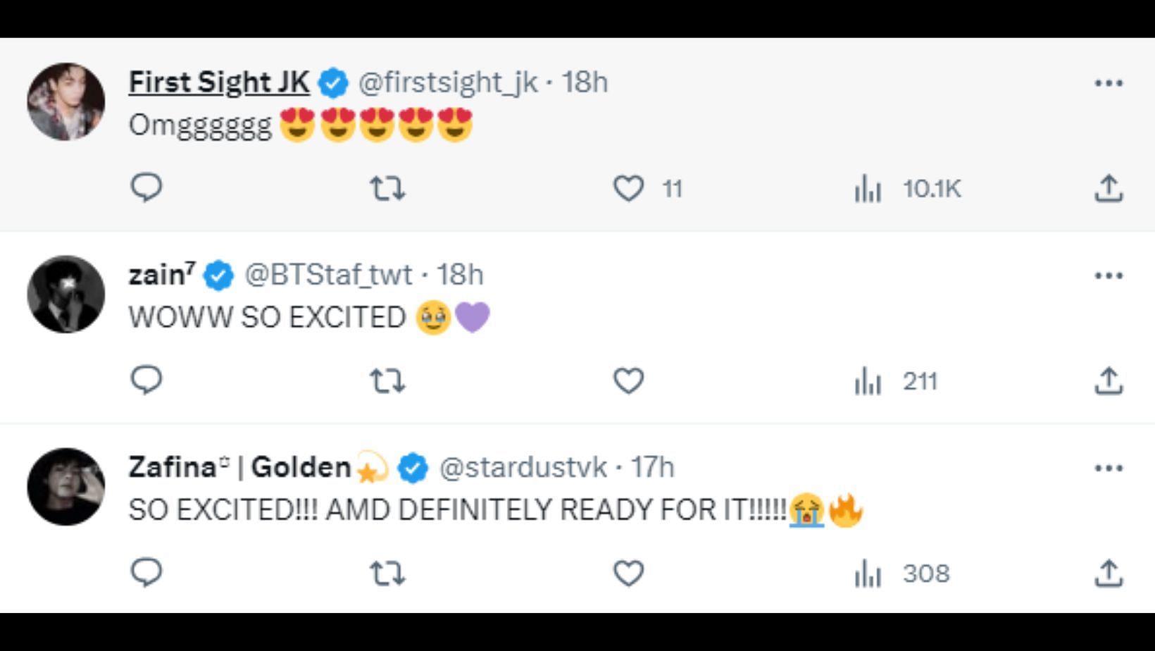 Fans excited over the BTS idol&rsquo;s upcoming collab for TOO MUCH. (Image via Twitter/ @firstsight_jk @BTStaf_twt @stardustvk)