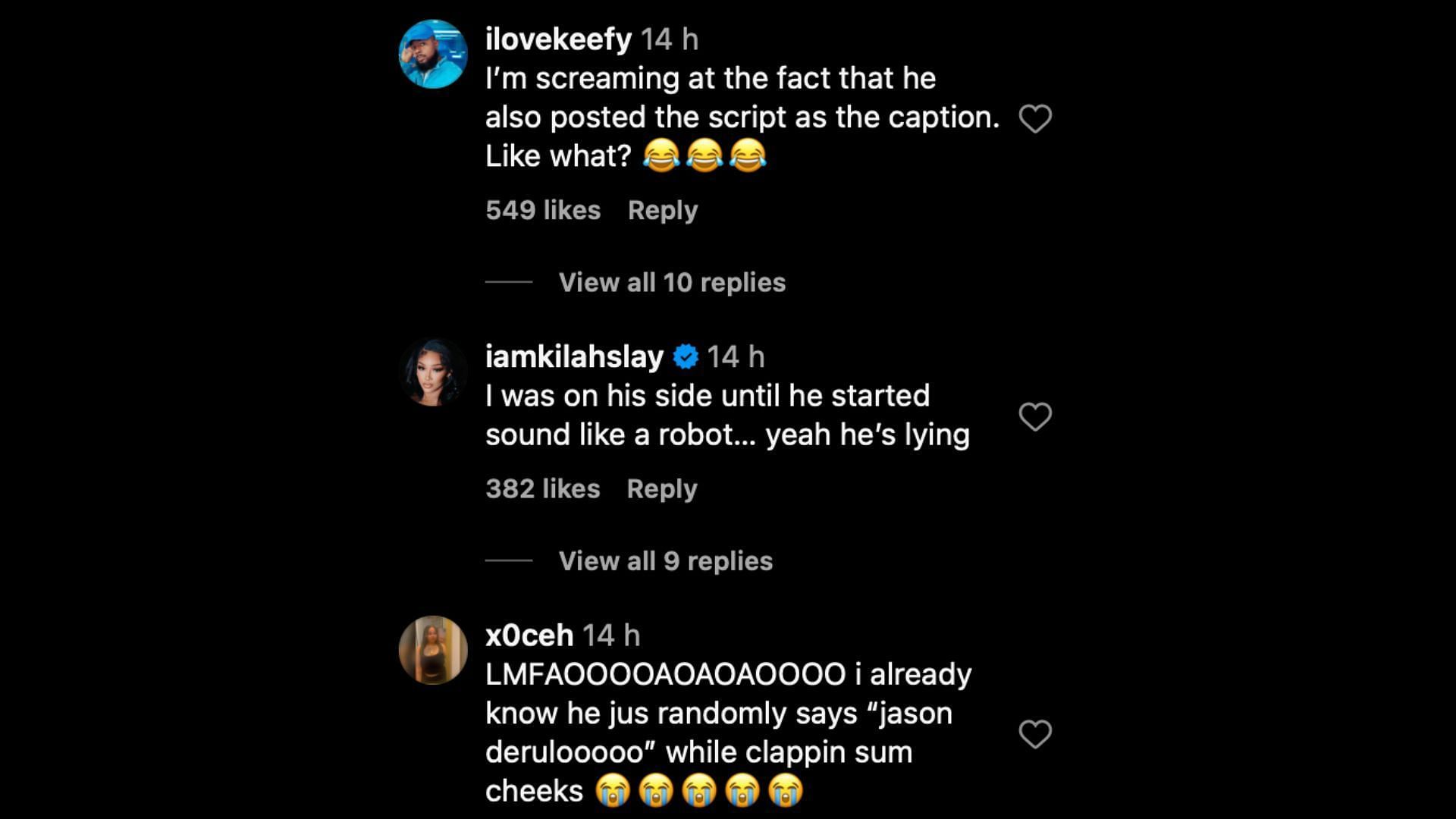 Social media users reaction to Jason&#039;s statement (Image via snip from Instagram/@jasonderulo)