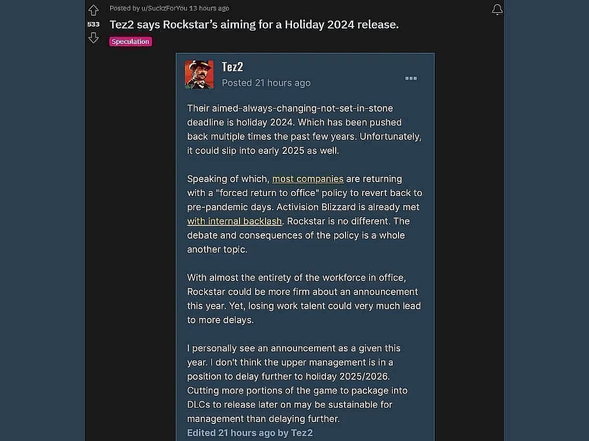 GTA 6 might come out between Holiday 2024 and early 2025, as per Tez2 (Image via Reddit/ u/SuckzForYou)