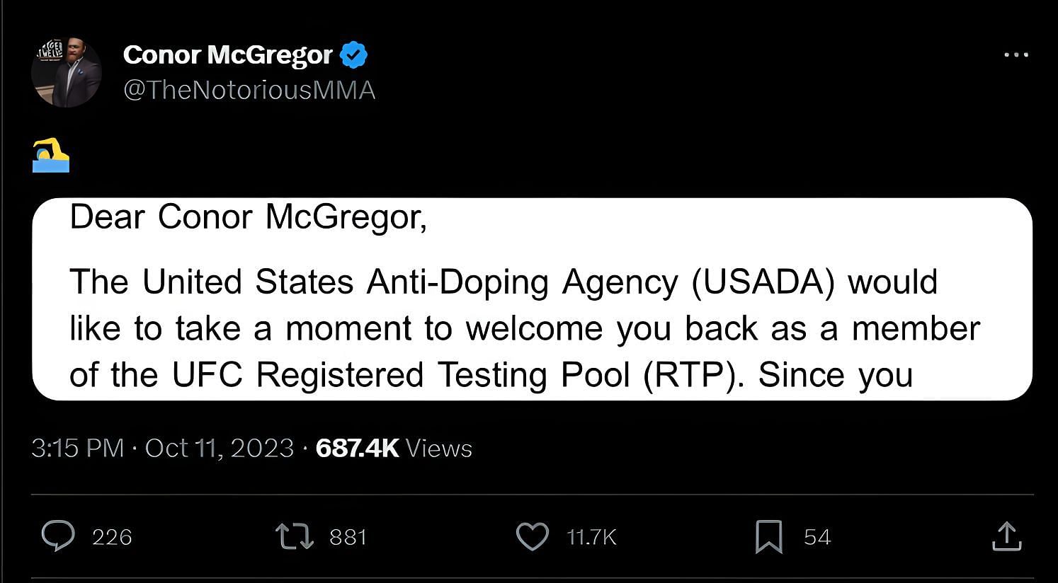 A screenshot of Conor McGregor&#039;s tweet