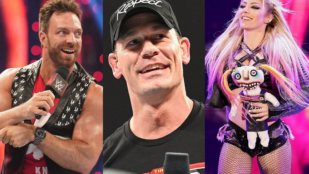 LA Knight (left); John Cena (middle); Alexa Bliss (right)