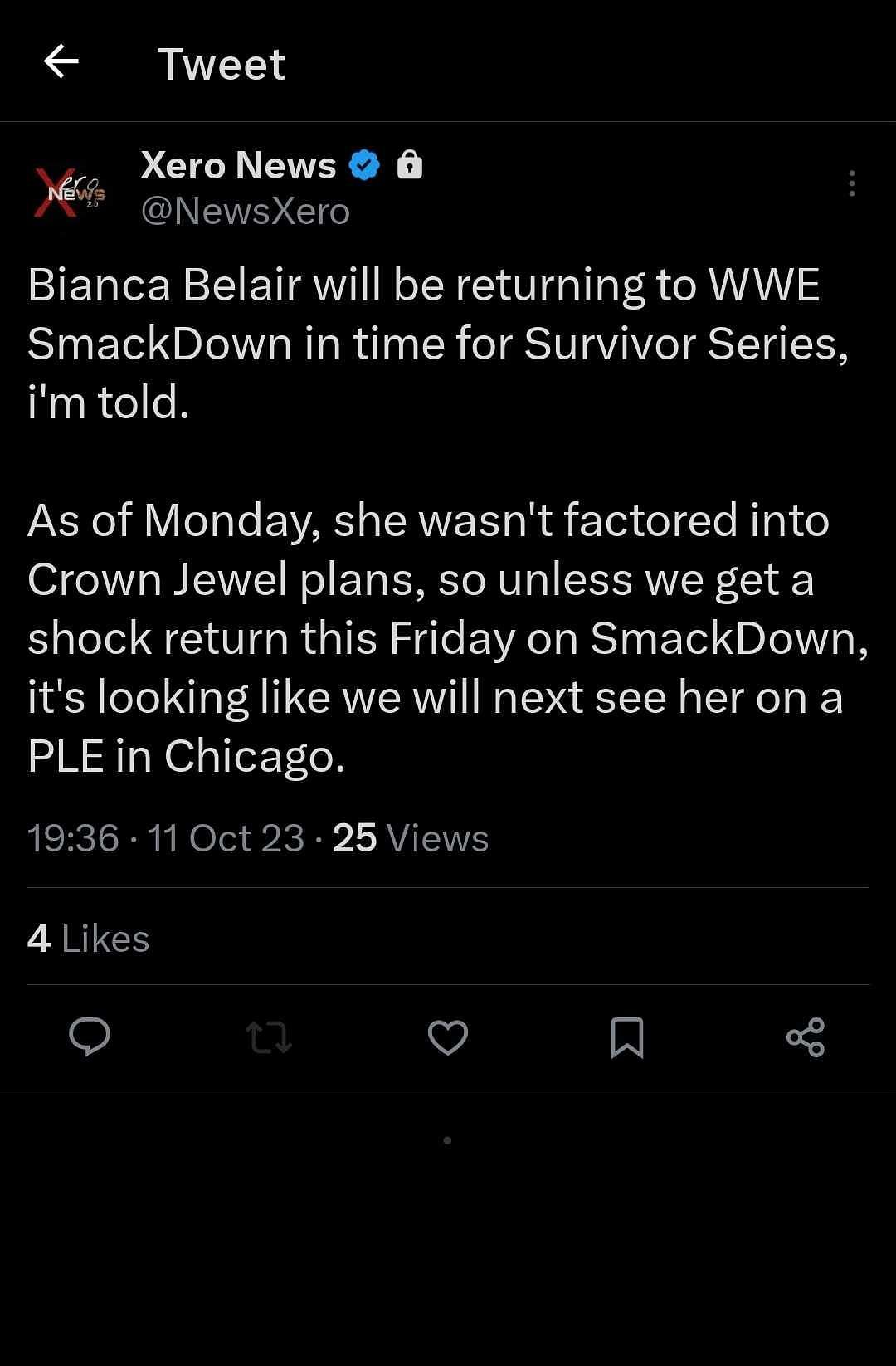 A screenshot of Xero News&#039; report about Bianca Belair