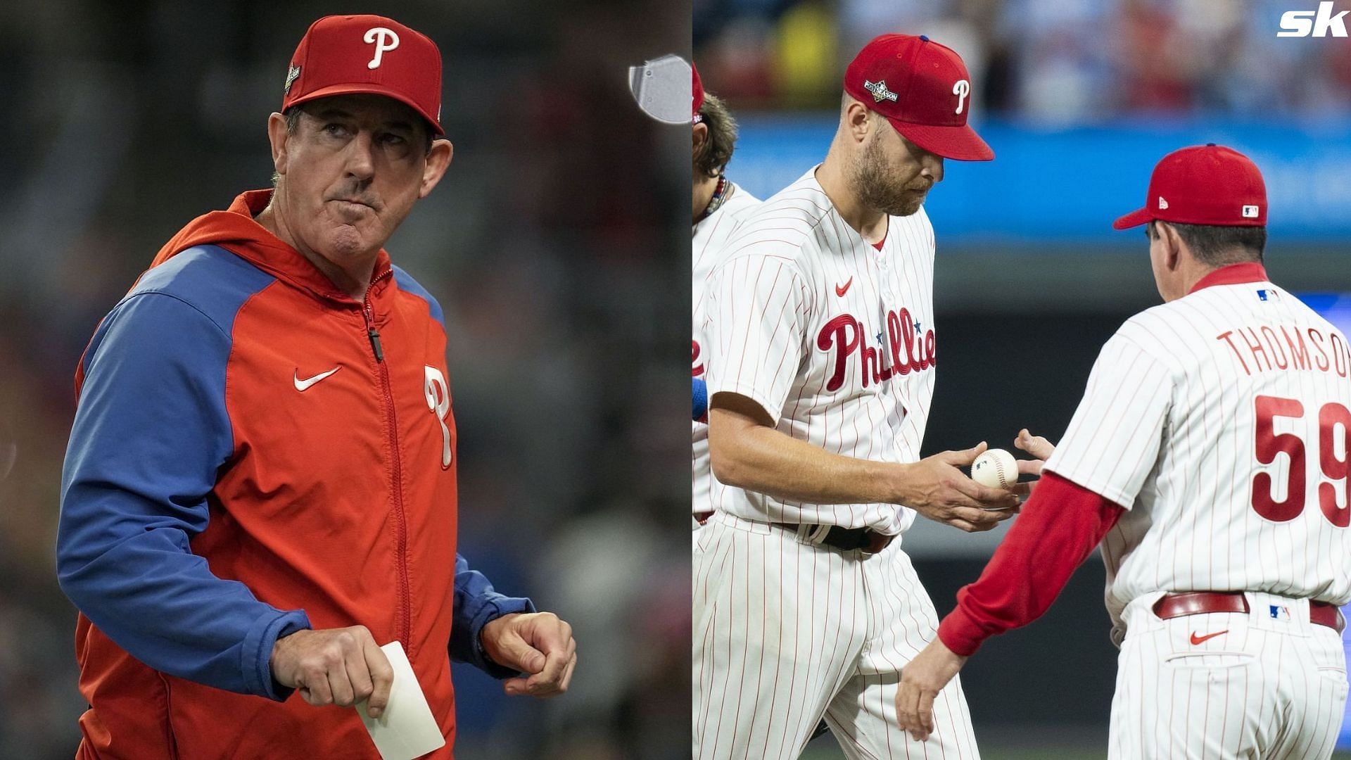 Philadelphia Phillies manager Rob Thomson walks back to the dugout after making a pitching change in their NLDS encounter against the Atlanta Braves