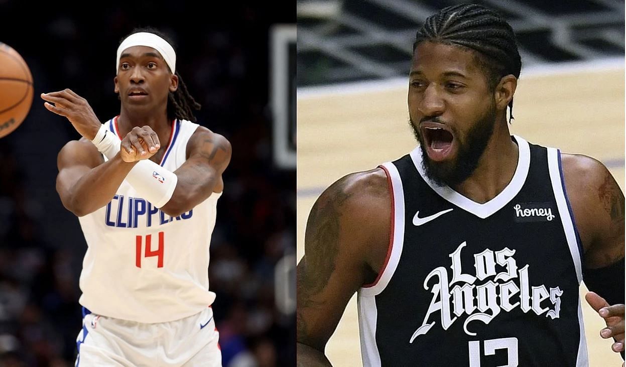 Veteran Paul George (R) is happy to see young teammate Terance Mann (L) earn a starting role for the LA Clippers this season.