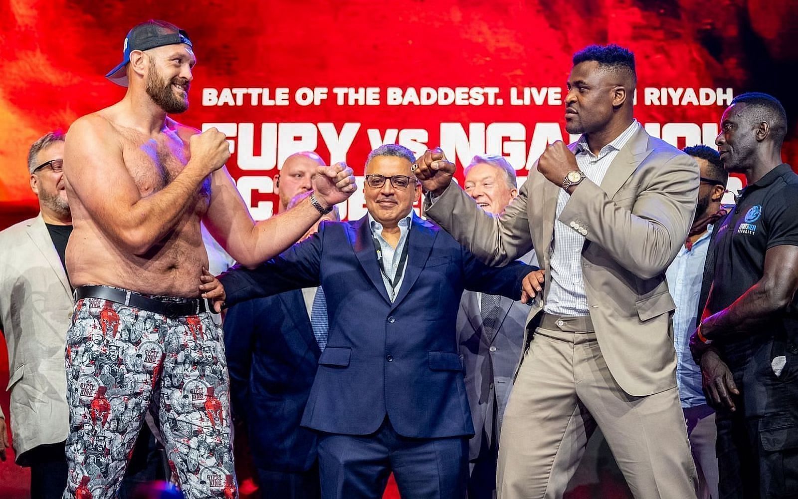 Tyson Fury facing off with Francis Ngannou